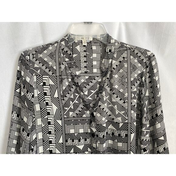 Spense Black & White Geometric Button Front Long Sleeve Blouse Tunic Medium - Picture 2 of 7